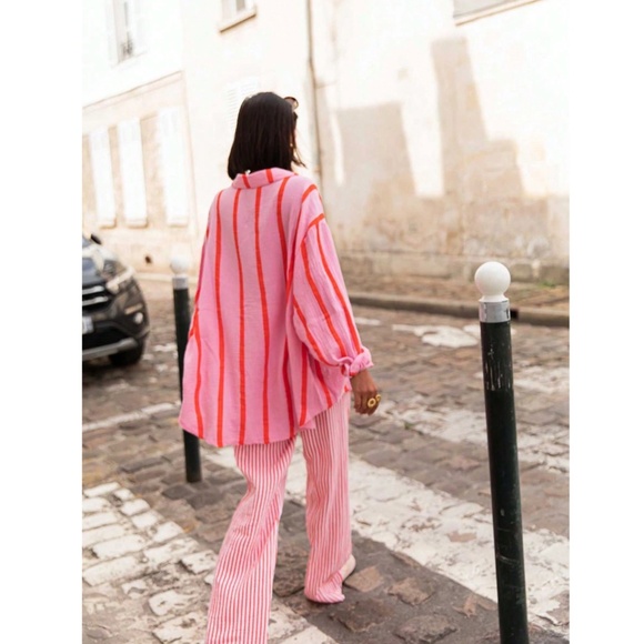 Pink Striped Oversized Button Down Shirt Long Sleeve - Picture 3 of 14